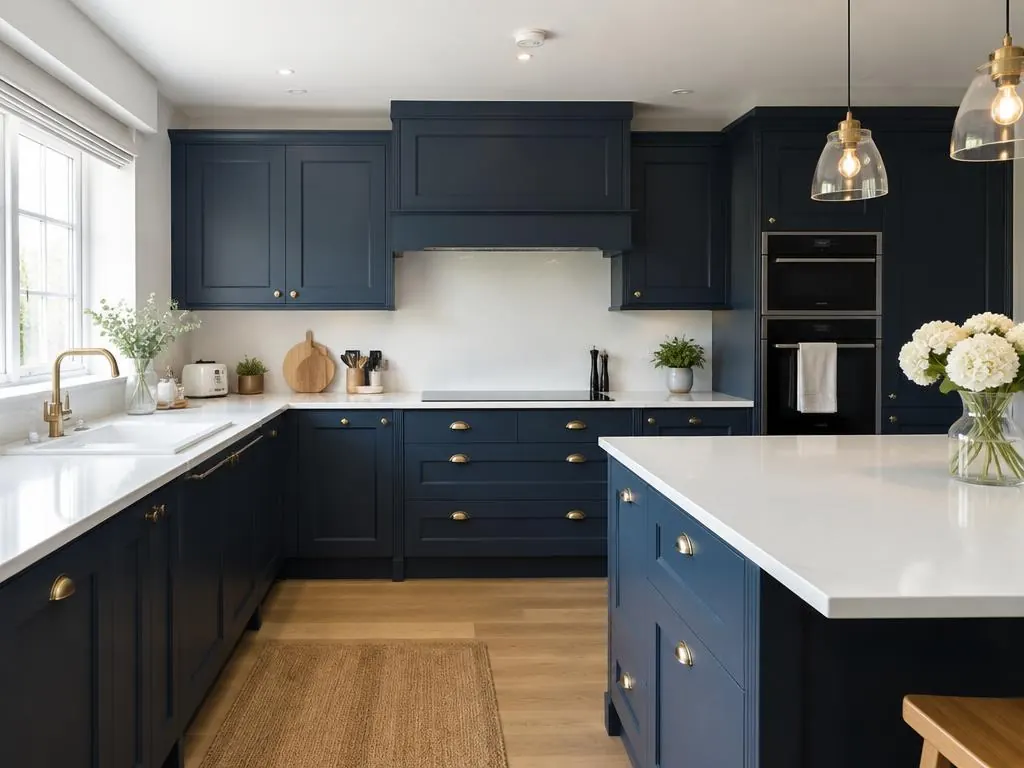 Kitchen with navy shaker-style cabinets, white worktops, brass handles and an island