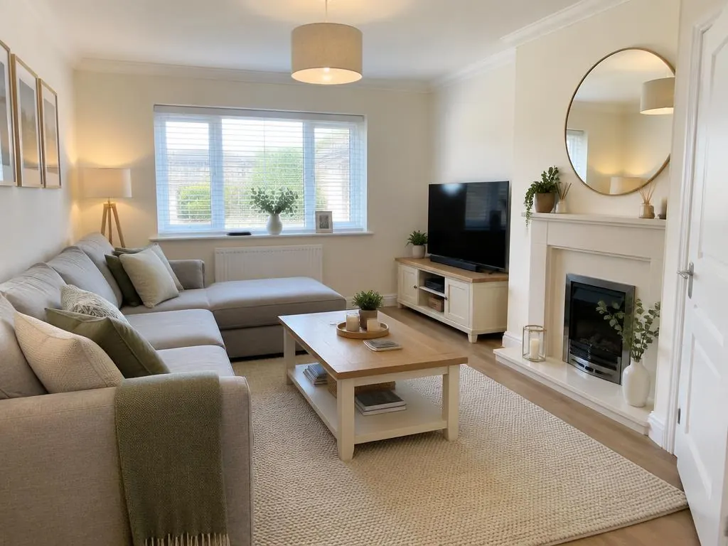 Living room with clean cream walls and ceiling, a grey corner sofa, a fireplace and a round mirror